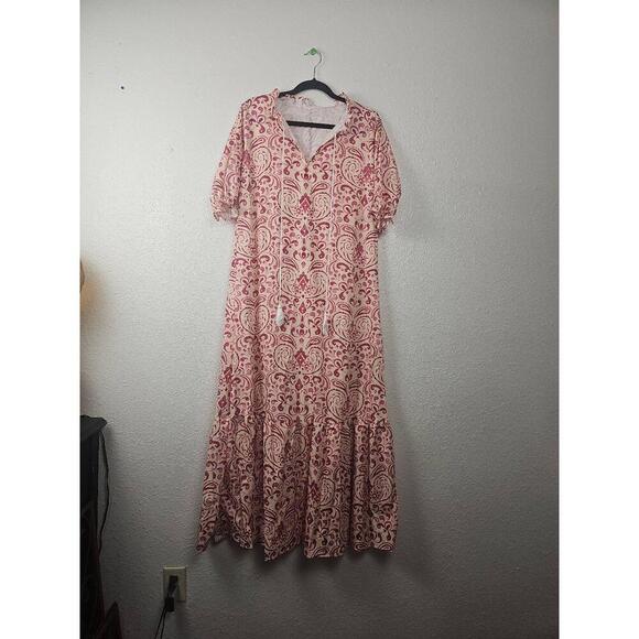 NWT Cream Pink Bohemian Paisley Maxi Dress Elbow-Length Tiered Medium - Picture 1 of 5